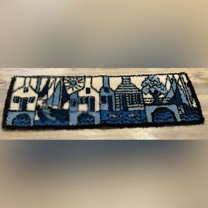 Vintage Mid Century Modern Handmade Blue and White Patterned Latch Hook Rug